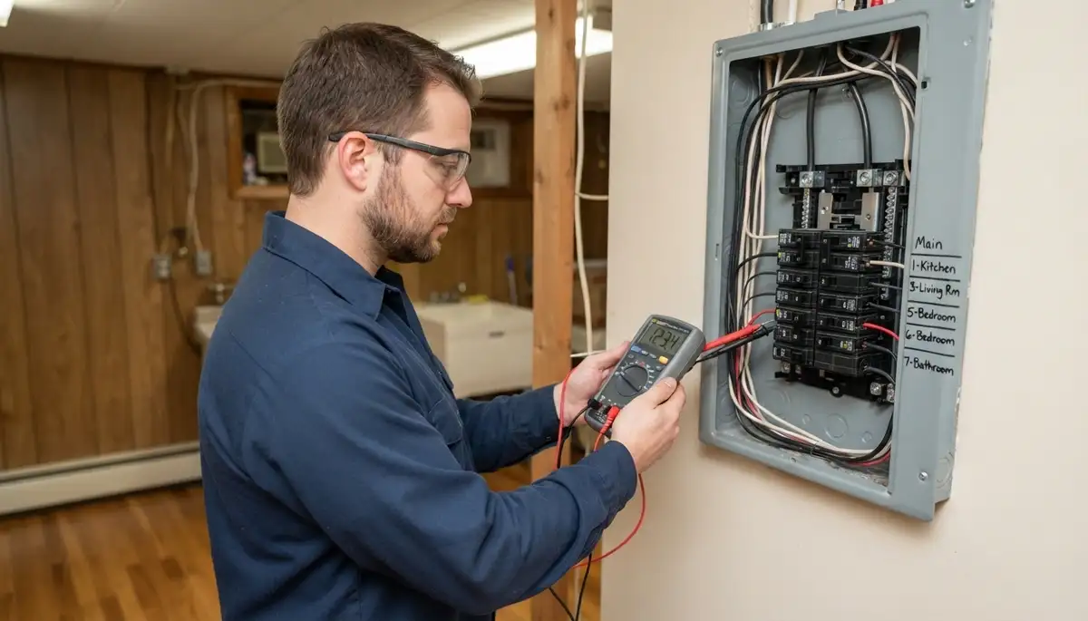 Electrician tests voltage and polarity on a new electrical panel in Albany, NY