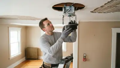 Albany, NY electrician installs a fan-rated ceiling box and secures the ceiling fan motor bracket