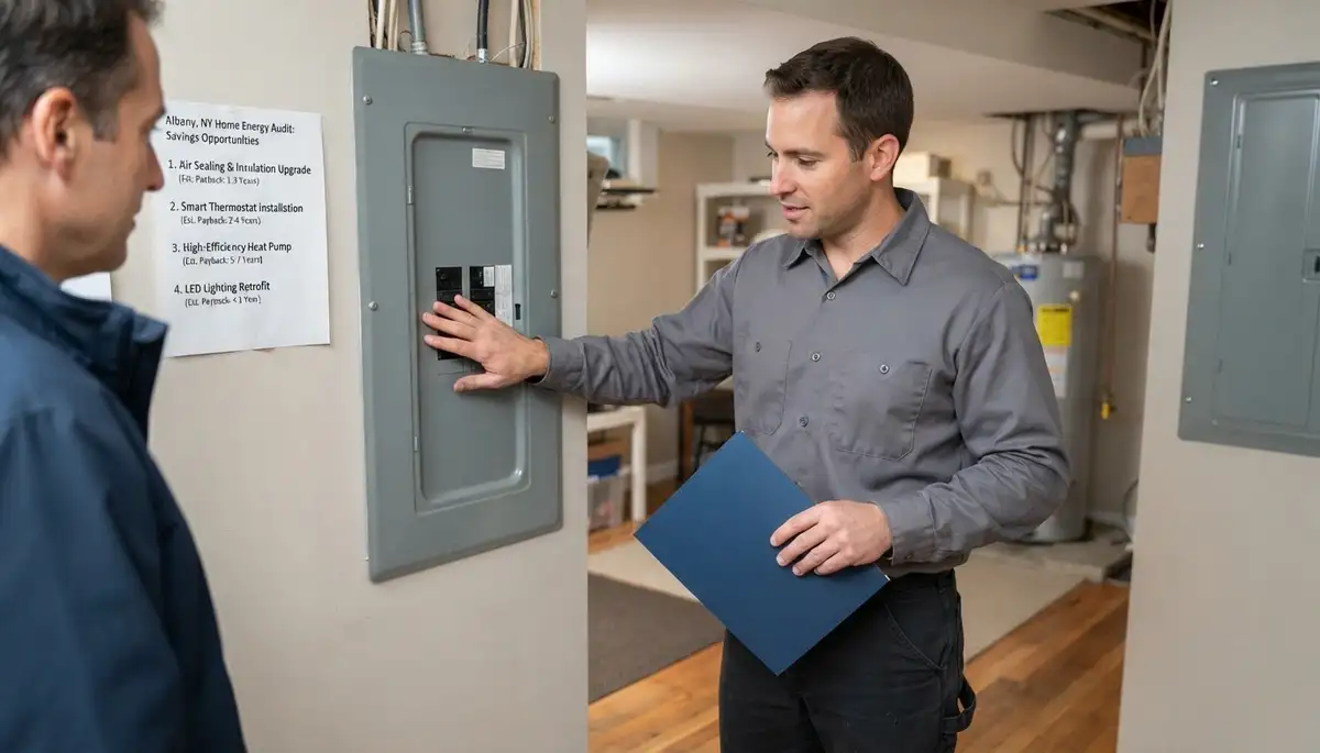 Albany, NY electrician presents home energy audit findings and payback priorities beside an electrical panel