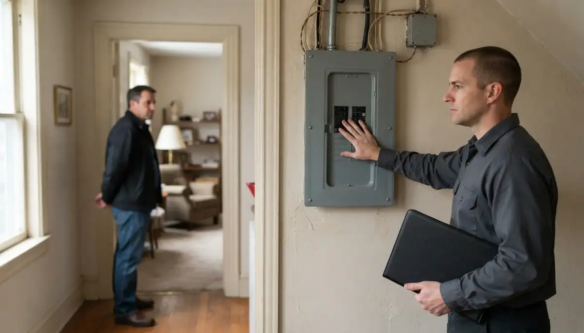 Albany, NY electrician reviews home electrical inspection findings with homeowner beside an electrical panel