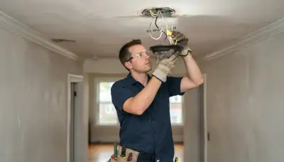 Electrician installing and wiring a ceiling light fixture in an Albany, NY home