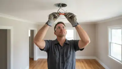 Albany, NY electrician installing a ceiling light fixture and connecting wiring to a ceiling box safely