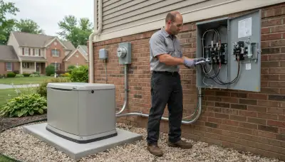 Electrician secures transfer switch wiring beside a standby generator installation in Albany, NY