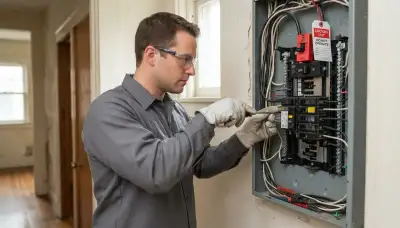 Electrician installs a GFCI breaker in an Albany, NY home's main panel for circuit protection