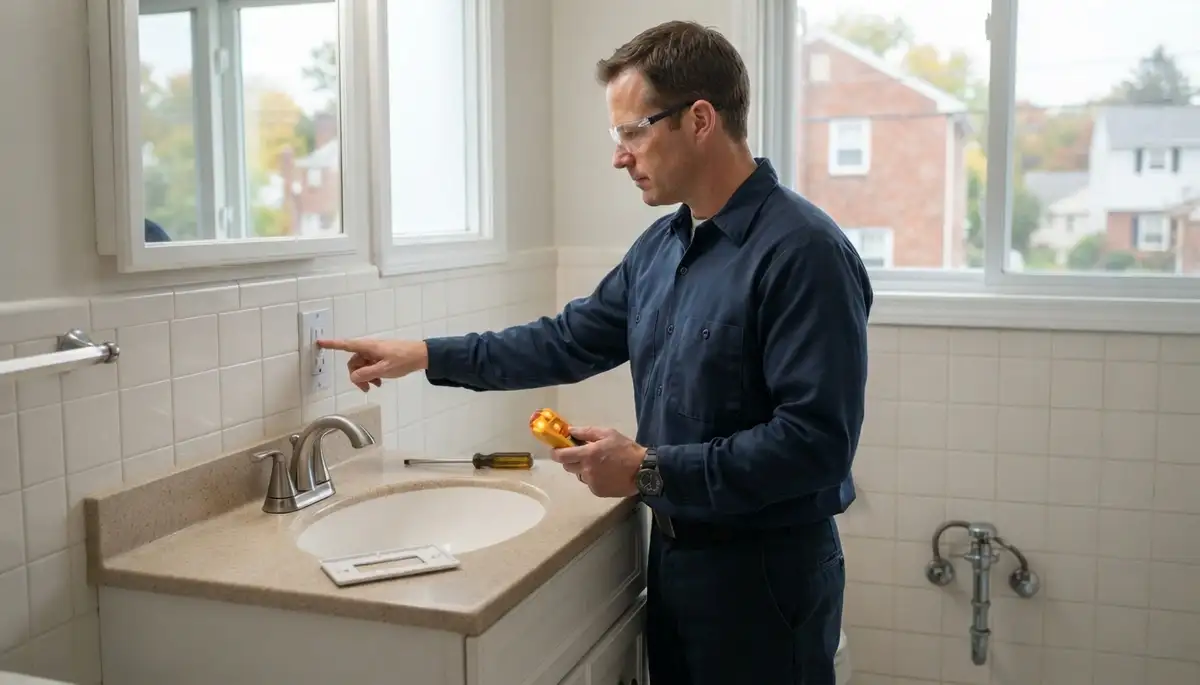Electrician installing a GFCI outlet for ground-fault protection in a Menands, NY bathroom