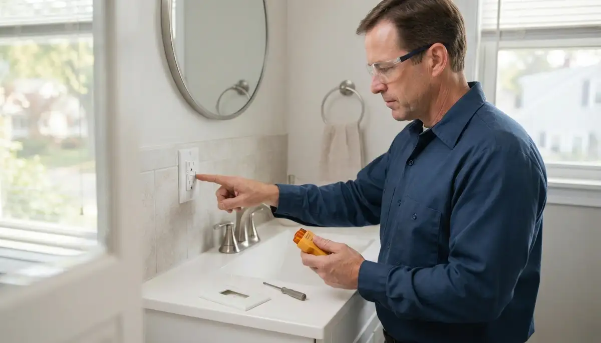 Electrician installing GFCI outlet protection in a Rensselaer, NY bathroom wet area
