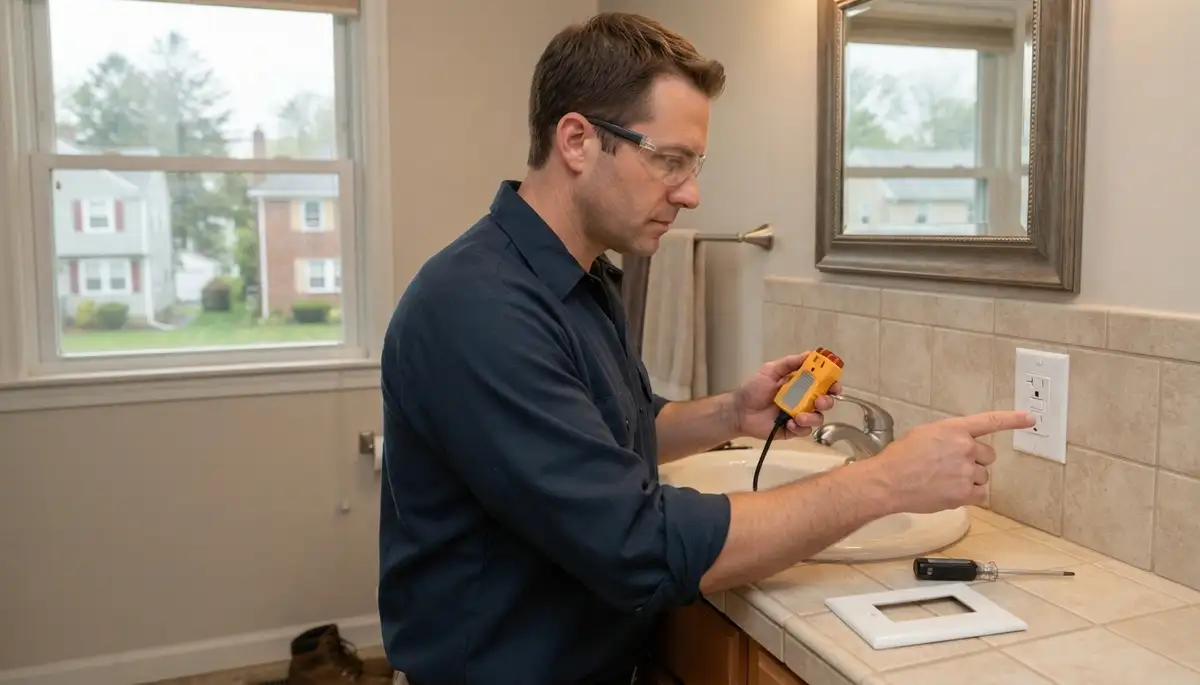 Electrician installing a GFCI outlet in a Scotia, NY bathroom for wet-area shock protection