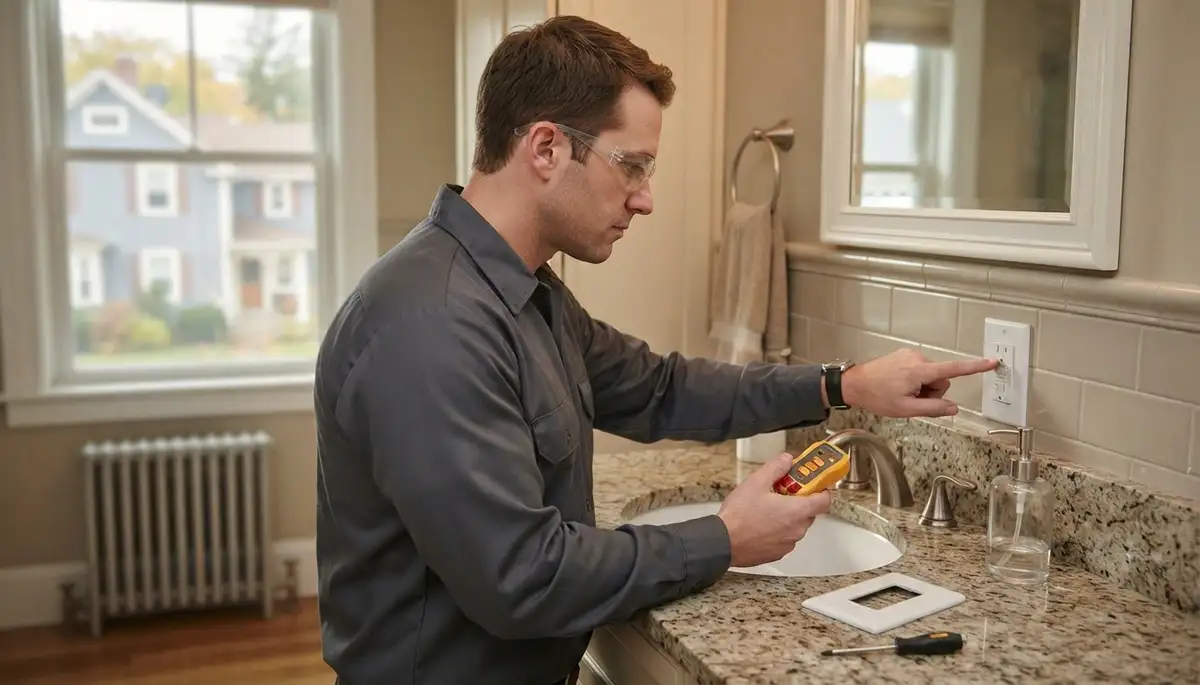 Electrician installing a GFCI outlet near a sink in an Albany, NY bathroom