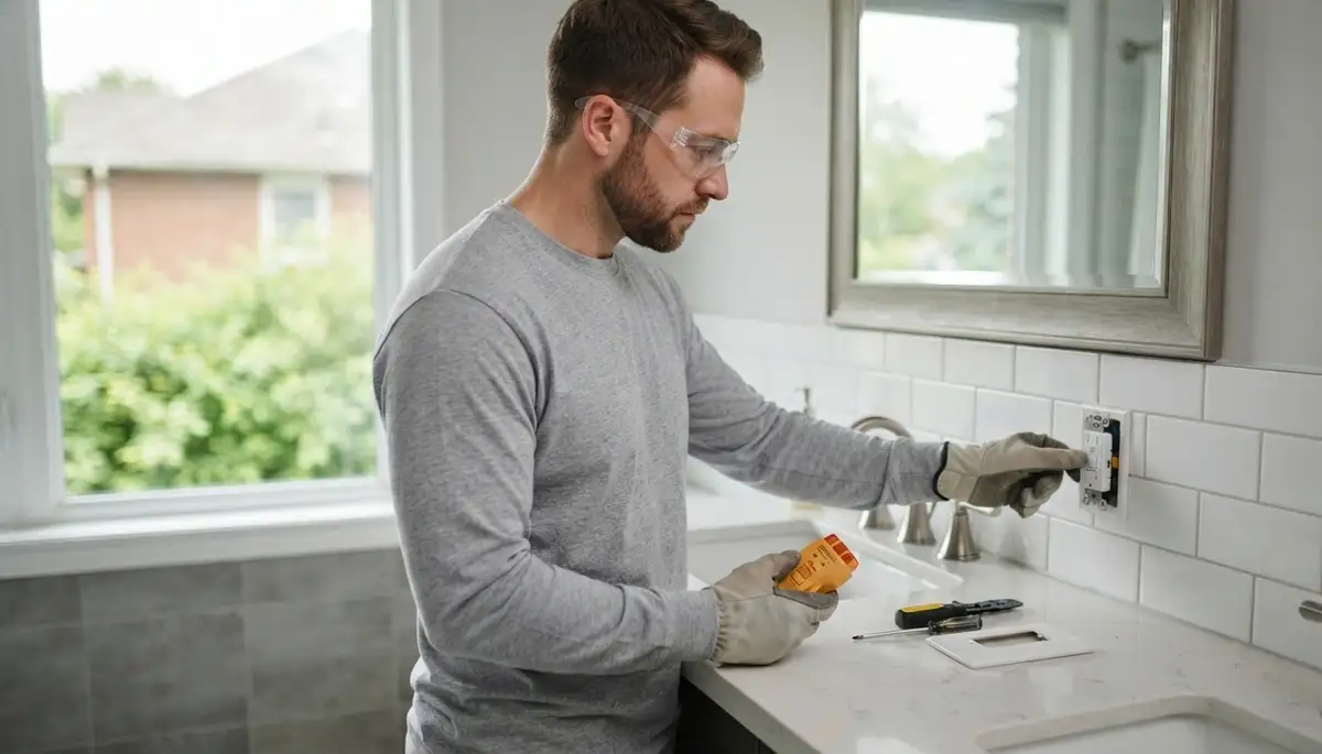 Electrician testing a GFCI outlet in a wet-area bathroom in Albany, NY