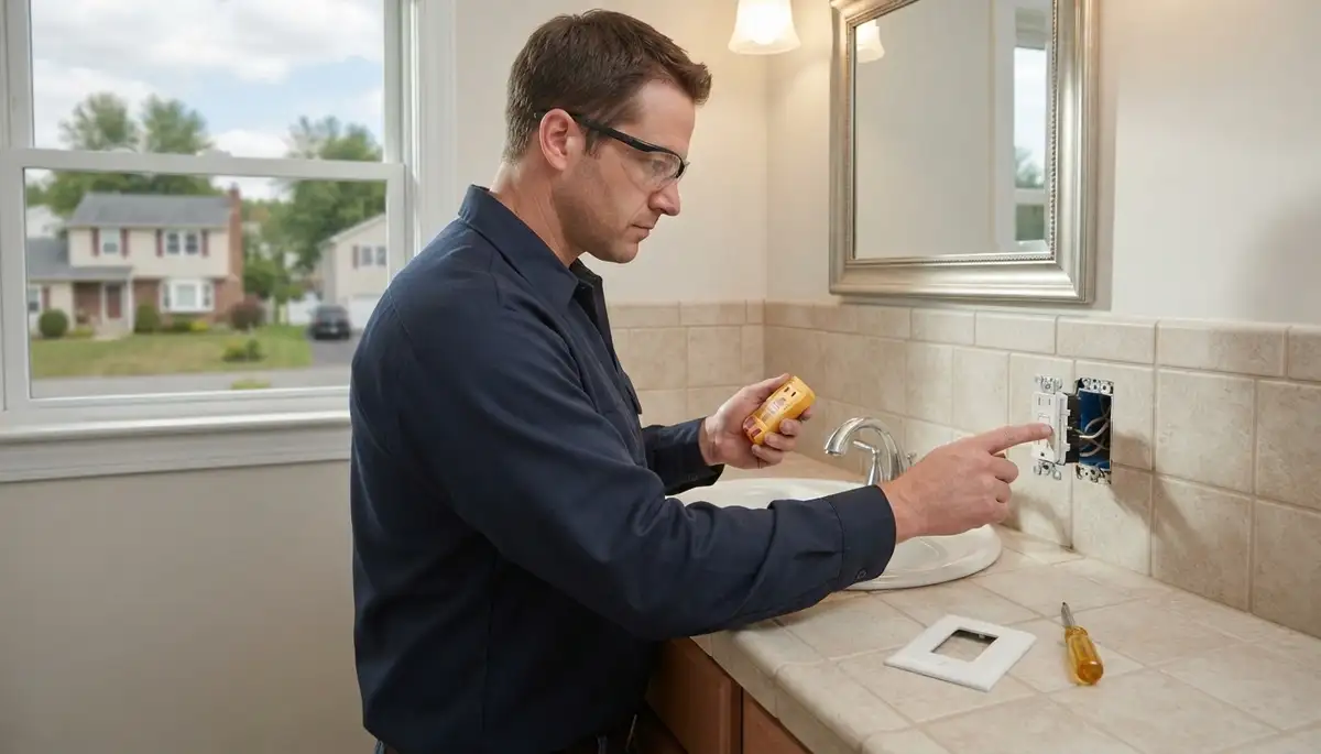 Electrician testing GFCI outlet for wet-area protection in a Wynantskill, NY bathroom
