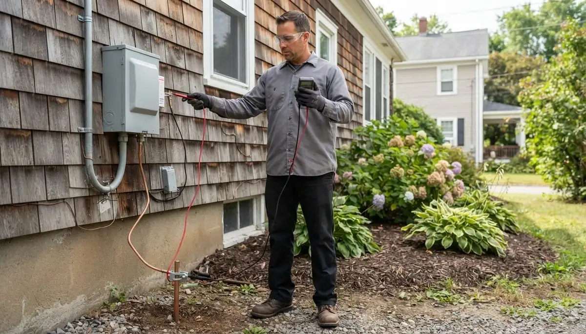 Electrician tests ground path continuity for lightning surge protection at an Albany, NY home