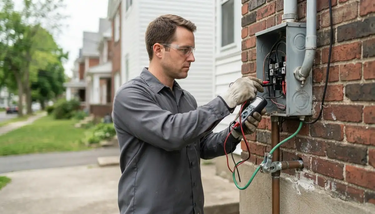 Albany, NY electrician testing service entrance grounding with a multimeter