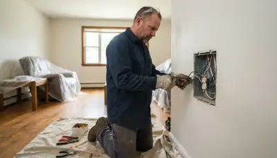 Albany, NY electrician repairs an open circuit box in a furnished home using protective coverings.
