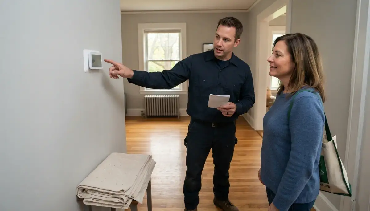 Albany, NY residential electrician explains completed electrical work to homeowner after installing a new device
