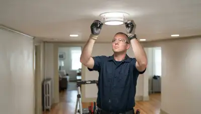 Electrician installing recessed light housings and trim flush to a ceiling in an Albany, NY home