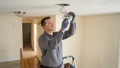 Electrician wiring an interconnected smoke detector on a ceiling in an Albany, NY home