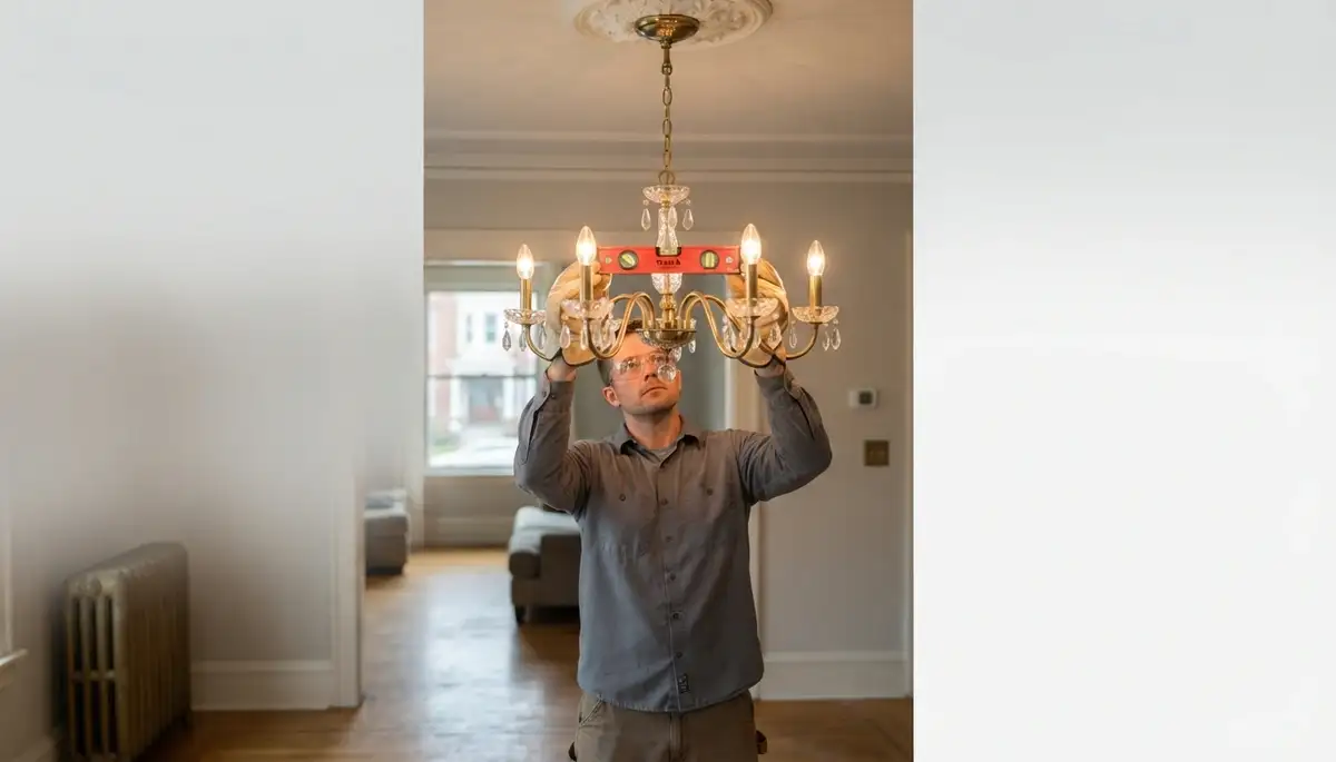 Albany, NY electrician verifies chandelier level and tests dimmer operation during installation