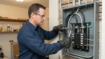 Albany, NY electrician torquing feeder conductors in a new load center during electrical panel installation
