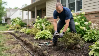 Albany, NY electrician installs low-voltage landscape lighting fixtures and buried cable in a planting bed