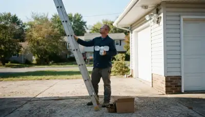 Electrician prepares to install a motion-sensor security light on an Albany, NY garage using an extension ladder.