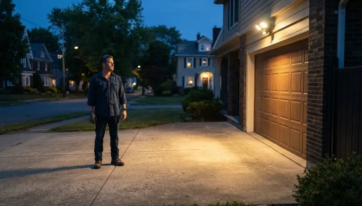Electrician verifies motion-activated security light coverage at an Albany, NY home's driveway