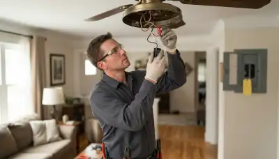 Albany, NY electrician replacing a ceiling fan capacitor and connecting wiring with power locked out