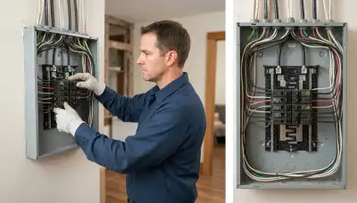 Licensed electrician installing a circuit breaker in a de-energized electrical panel in Albany, NY