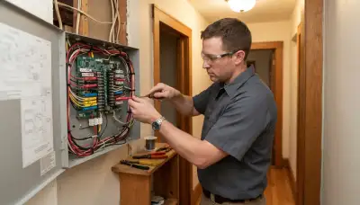 Technician wiring labeled fire alarm zones in a control panel in Albany, NY