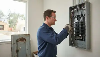 Electrician upgrading an outdated electrical panel in an older Altamont, NY home