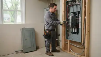 Electrician upgrading an electrical panel in an older Delmar, NY home