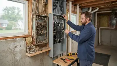 Electrician upgrading an electrical panel in an older East Greenbush, NY home