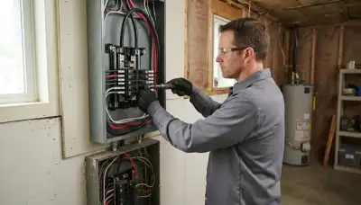 Electrician upgrading an electrical panel in an older Feura Bush, NY home near Albany