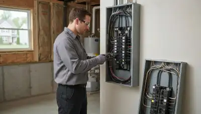 Electrician upgrading an electrical panel in an older Guilderland Center, NY home