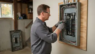 Electrician upgrading an electrical panel in an older Guilderland, NY home