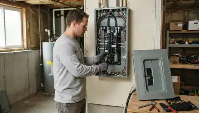 Electrician upgrading an electrical panel in an older Menands, NY home