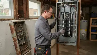 Electrician upgrading an older home's electrical panel in Rensselaer, NY