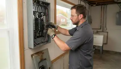 Electrician upgrading an electrical panel in an older Troy, NY home
