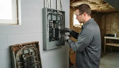 Electrician upgrading an older home's electrical panel to 200 amps in Voorheesville, NY