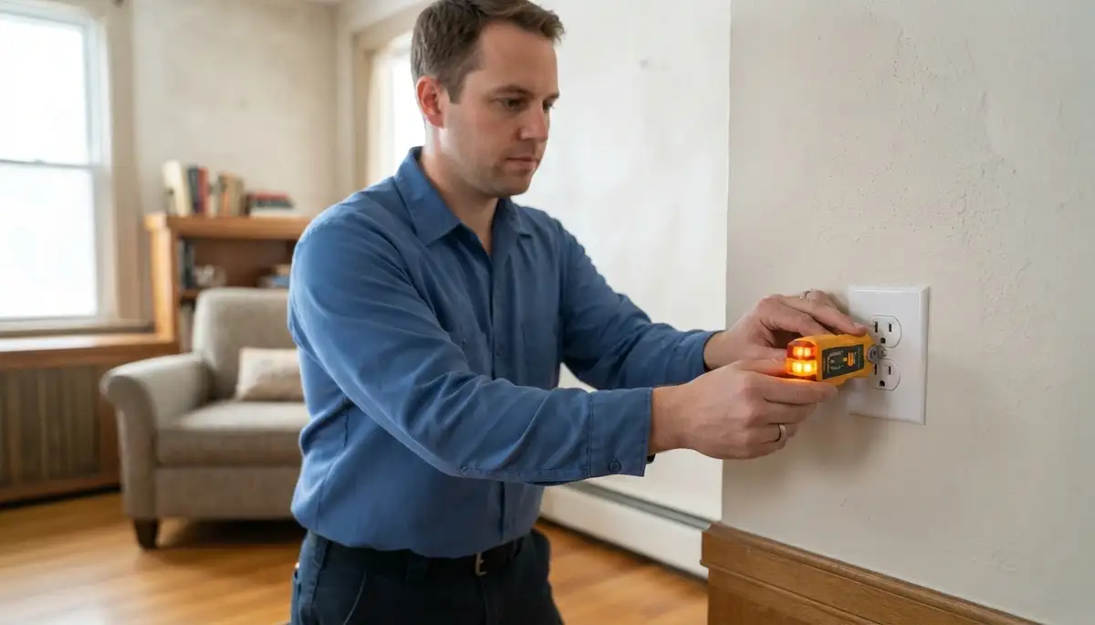 Electrician tests outlet polarity and grounding after repair in an Albany, NY home