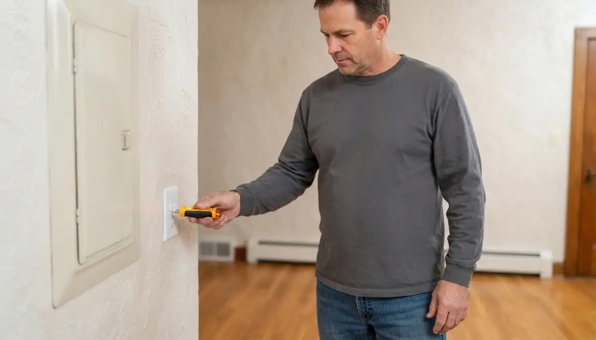 Albany, NY electrician tests a repaired receptacle with a voltage tester during electrical repair verification