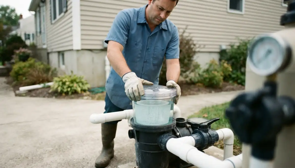 Albany, NY electrician closes pool pump strainer lid after priming and verifies water flow before startup
