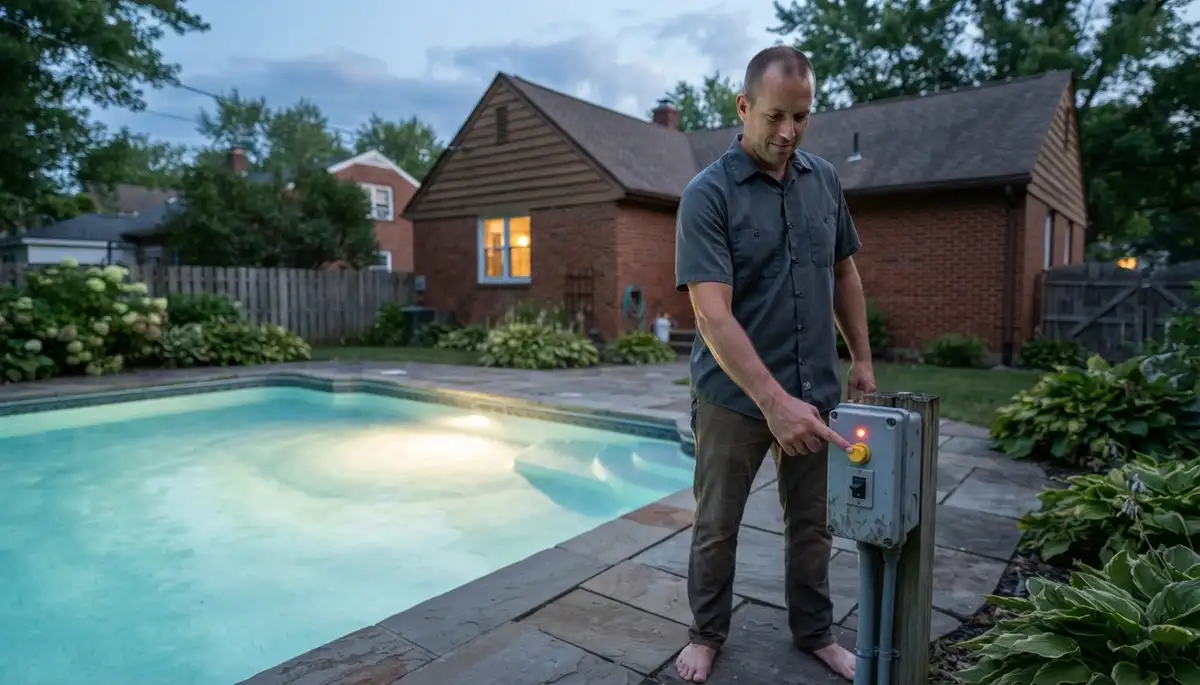 Albany, NY electrician tests pool light GFCI at deck panel beside an illuminated pool