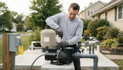 Electrician installs a pool pump and bonding wire on an equipment pad in Albany, NY