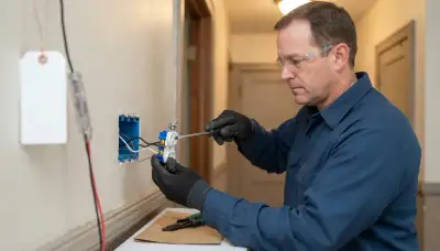 Electrician replacing a failed receptacle and securing wires in an Albany, NY home