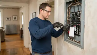 Electrician repairing home wiring with a safety lockout tag in Albany, NY
