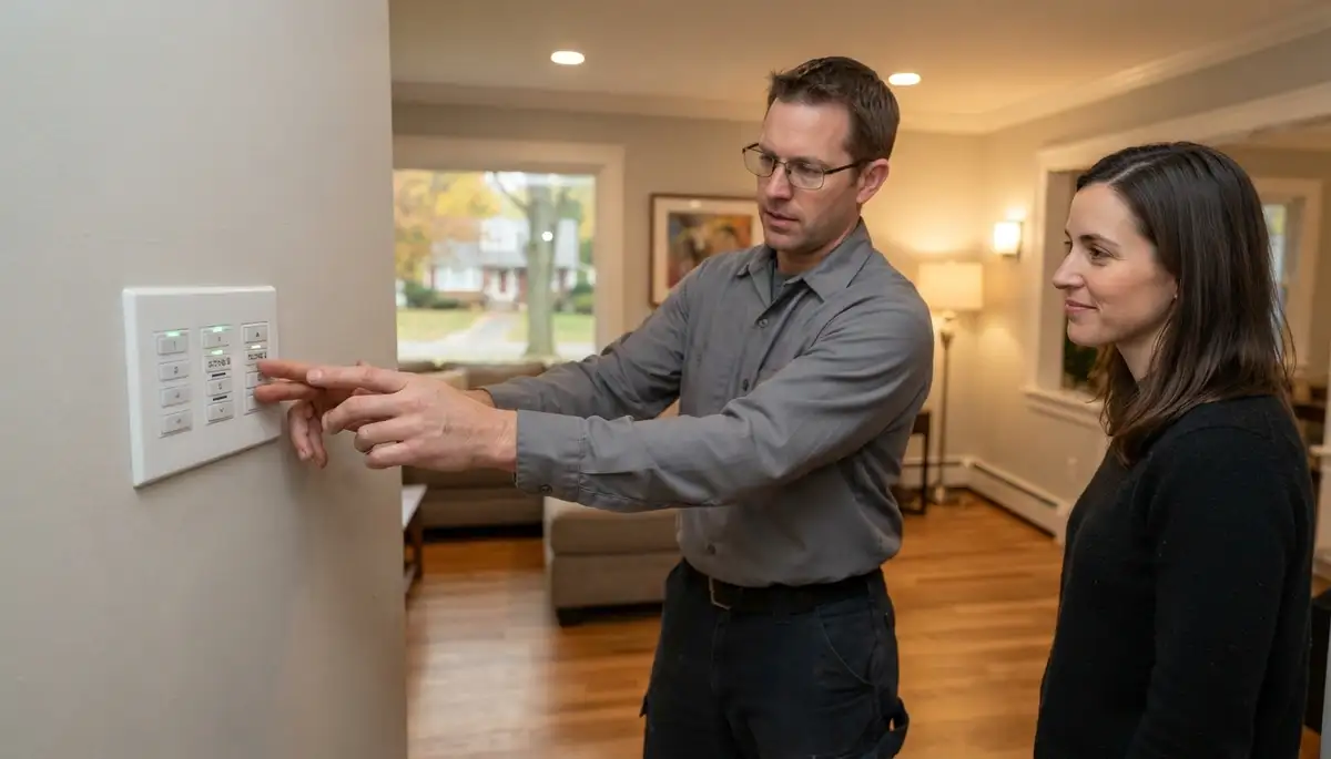 Electrician verifies programmable lighting scenes with a homeowner in Albany, NY