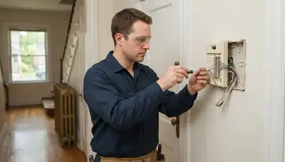Albany, NY electrician terminates intercom station wiring with a screwdriver during system installation