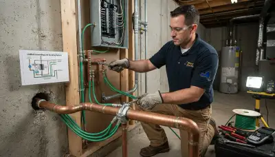 Electrician installing whole-home surge protection and bonding jumpers at an Albany, NY home