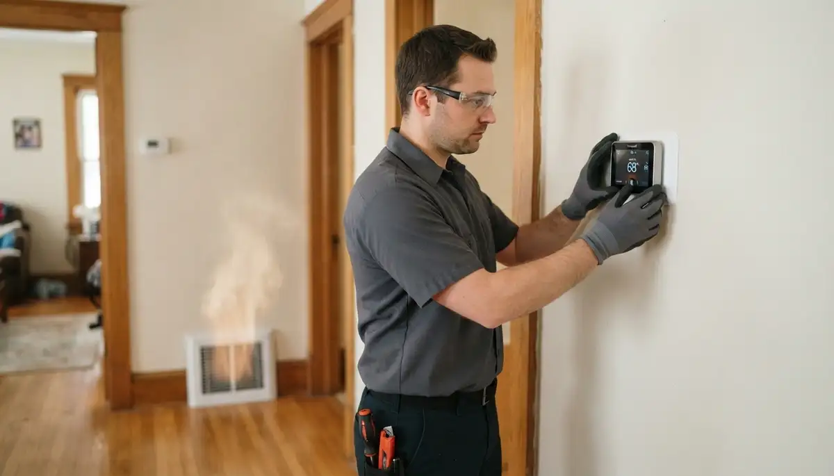 Electrician tests new thermostat heating and cooling cycles in Albany, NY