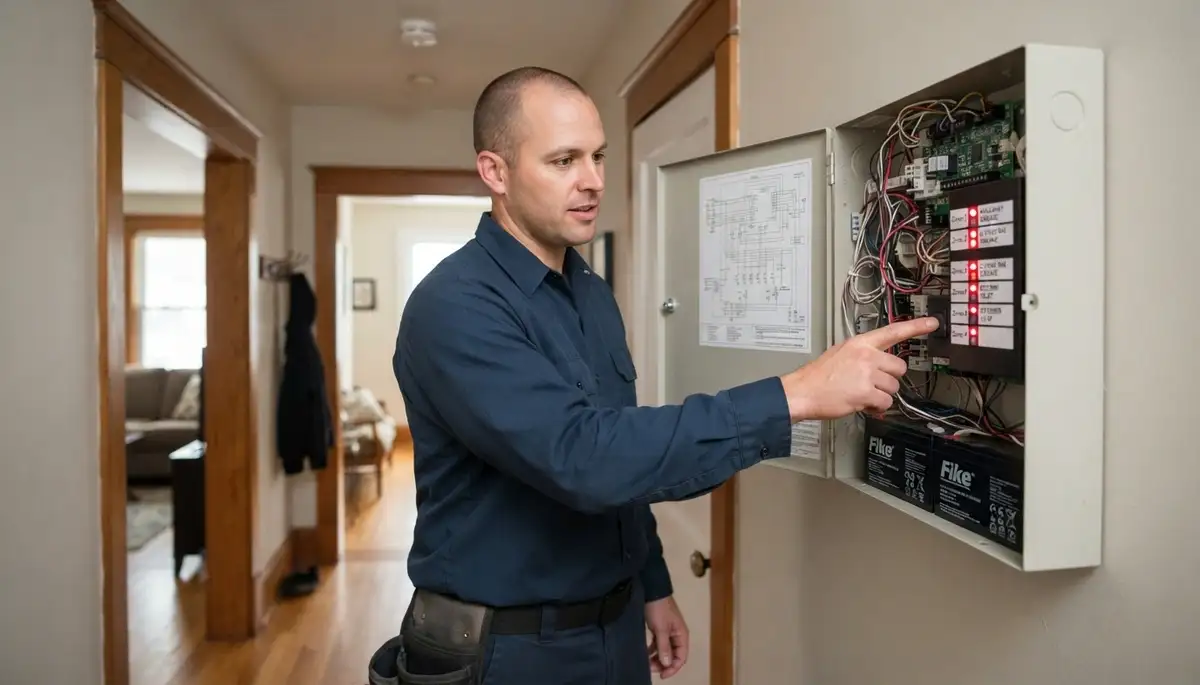 Albany, NY electrician tests fire alarm panel zones and explains system operation to a homeowner